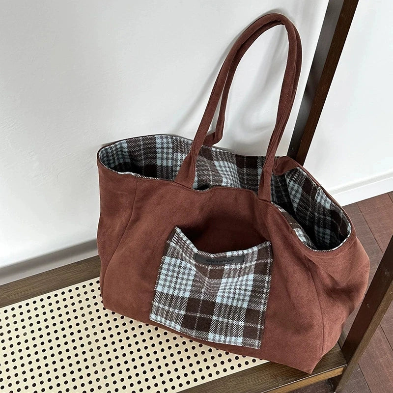 LIZAKOSHT  -  Autumn and Winter Woolen Plaid Shoulder Bag Double Sided Use Handbag Large Capacity Tote Bags For Women