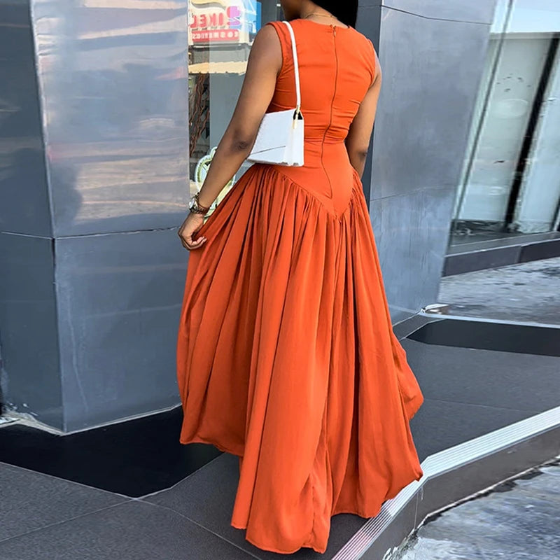 LIZAKOSHT  -  Women O Neck Summer Sleevelss Cut Out Low Waist Elegant Holiday Party Pleated A Line Sundress Chic Elastic Femme Maxi Robe