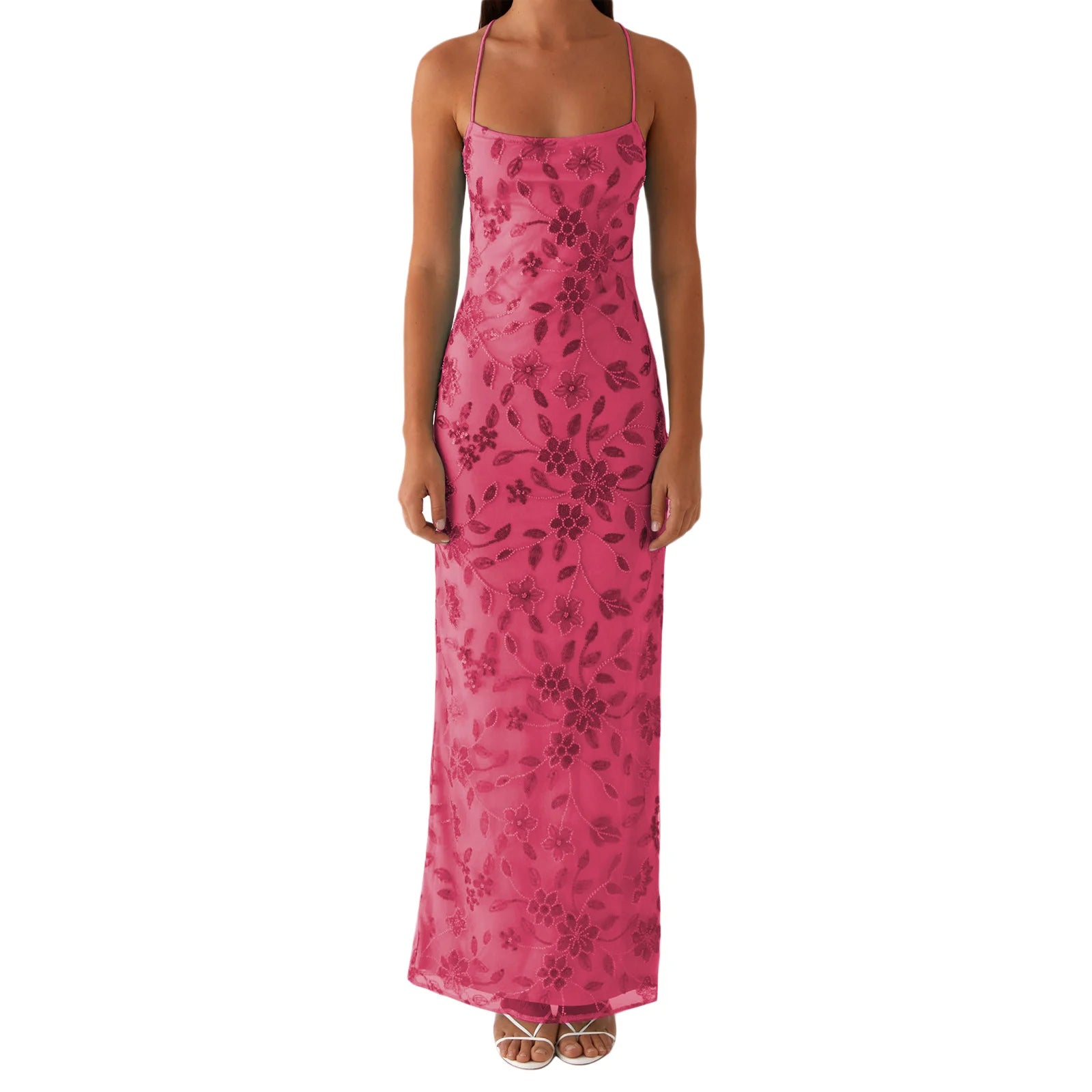 LIZAKOSHT  -  Women Summer Glitter Sequin Beaded Flower Cami Dress Slim High Split Spaghetti Strap Open Back Long Dresses for Party Club