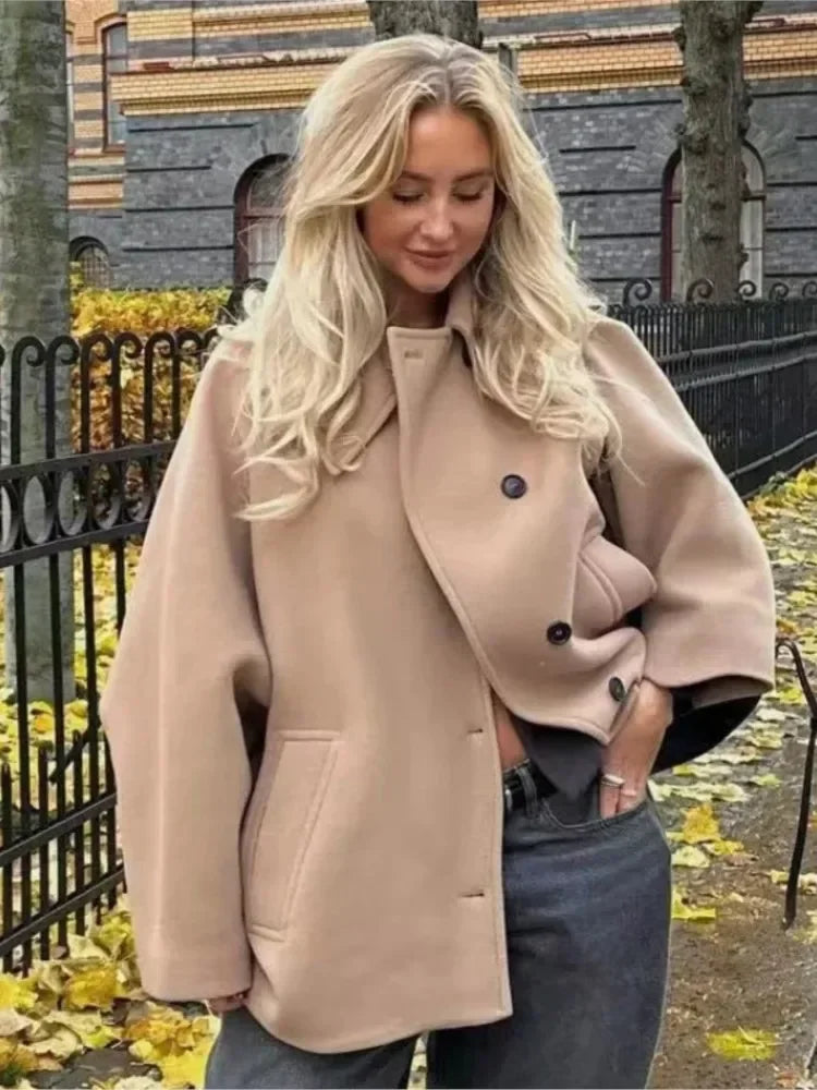 LIZAKOSHT  -  Bat-Sleeve Woolen Coat Black Lapel Single Breasted Casual Loose Thicken Wool Short Overcoat French Winter Women's Outwear Top