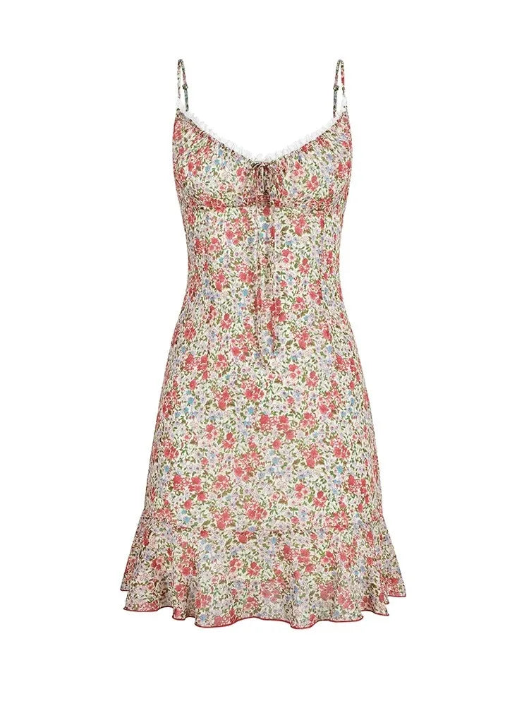 LIZAKOSHT  -  French Style Lace-up Floral Dress Women's Spring Summer Bow Sexy Slip Skirt Short Hip Fishtail Dress