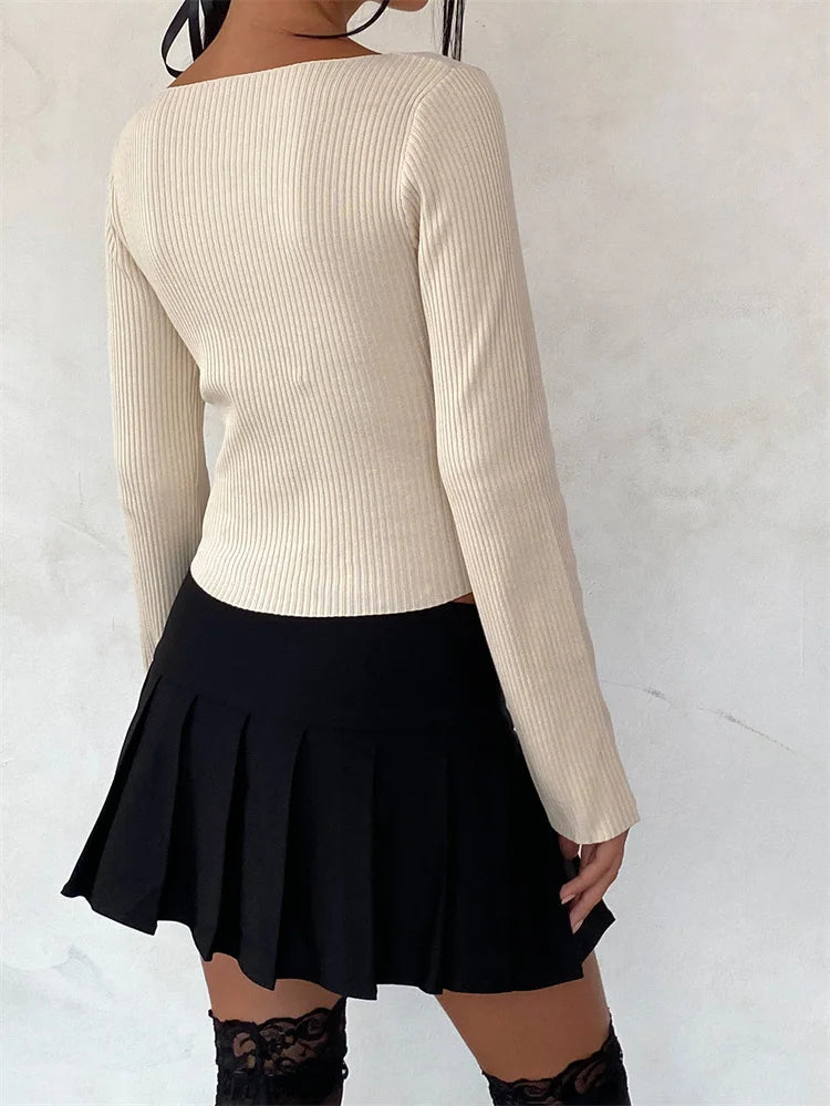 LIZAKOSHT  -  Women Ribbed Knitted T-shirts Tops Long Sleeve Front Tie-up Slim Fit Casual Spring Autumn Tees Shirts Streetwear