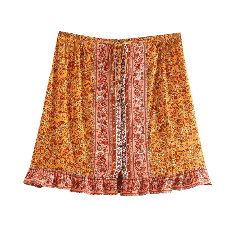 LIZAKOSHT  -  Lacing up V neck Flower Shirt Ethnic Women Elastic Waist Maxi Long Skirts Long Sleeve Blouse Holiday 2 Pieces Set