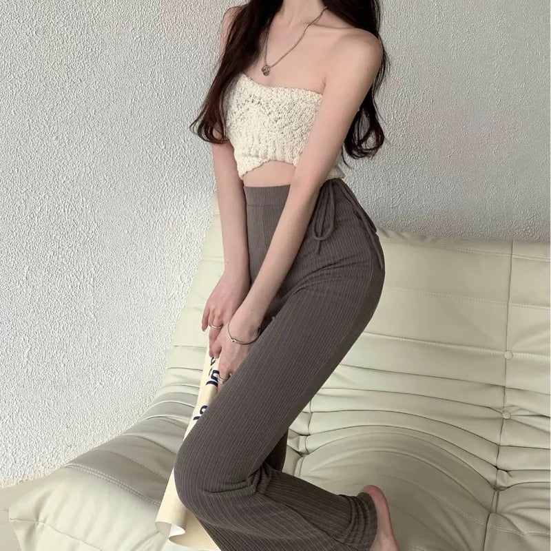 LIZAKOSHT  -  Korean Lace-up Pleated Solid Color Casual Pants Women Summer New High Street Sexy Slim Knitted Wide Leg Pants