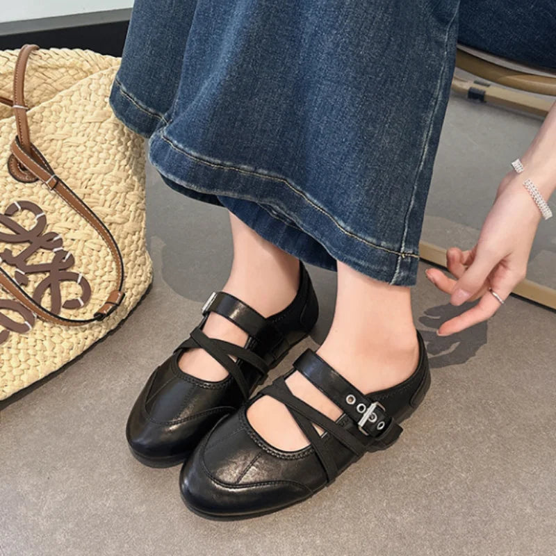 LIZAKOSHT  -   Matte Ballet Mary Jane Flats Ladies Criss Cross Strap Slip on Vintage Soft Walking Footwear Suitable for Office Commute Casual