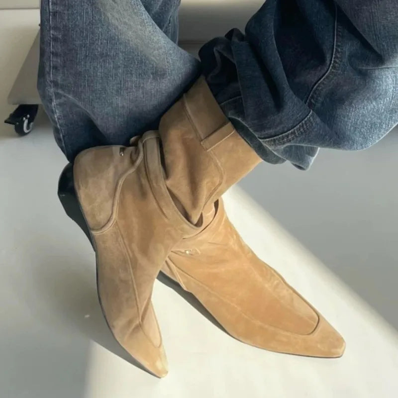 LIZAKOSHT  -  Winter New Suede Ankle Boots Women Fashion Retro Pointed Toe Belt Buckle Design Wedge Cowboy Boots Botines Para Mujeres