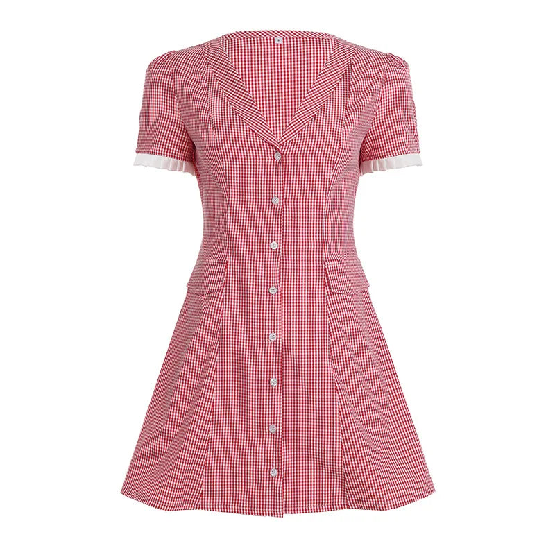 LIZAKOSHT  -  Women's Plaid Contrast A-line Mini Dress Casual Short Sleeve V Neck Vintage Short Dresses New Casual Female Chic Vestidos