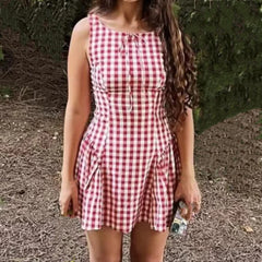 LIZAKOSHT  -  Sexy Red Gingham Plaid Mini Sleeveless Dress Women Bow O Neck Zipper Back Low Waist Ruched Hem Swing Tank Dresses Vestidos Black