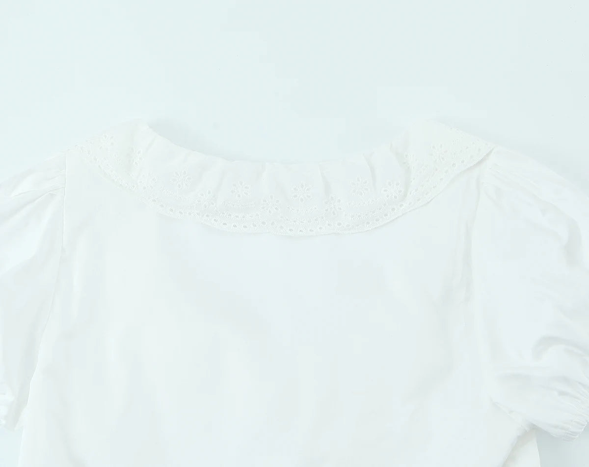 LIZAKOSHT  -  Sexy White Embroidery Hollow Out Hole Wood ears O neck Short Puff Sleeve Shirt Women Ruffles Hem Front Bow Lacing Up Crop Tops