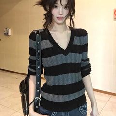 LIZAKOSHT  -  Striped Sweater Vintage Women V-neck Harajuku Slim Pullovers Casual Cable Knit Knitwear Shirt Streetwear Y2k Fall Sweater Tops