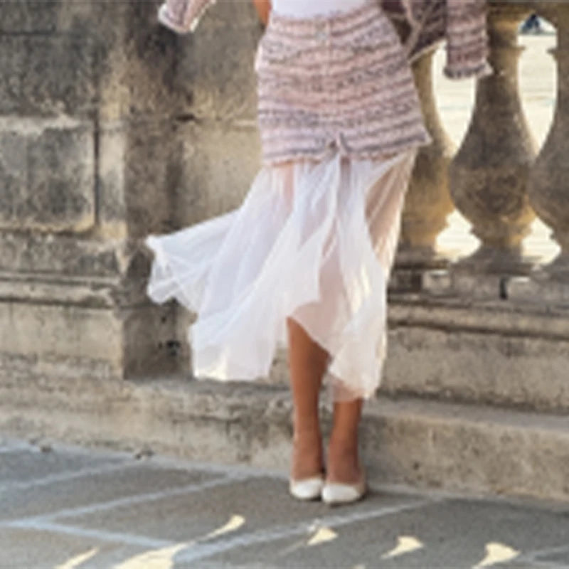 LIZAKOSHT  -  Tweed Coats Skirts Sets Women O Neck Long Sleeves High Waist Patchwork Mesh Suits Female New Chic Street Sets 2 Pieces