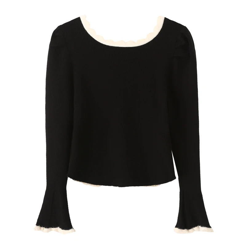 LIZAKOSHT  -  Woman Full Puff Sleeve Sweater Pearl Buttons Knitwear Jumper Autumn Beige Black Color Edged Line Knitted Cardigan