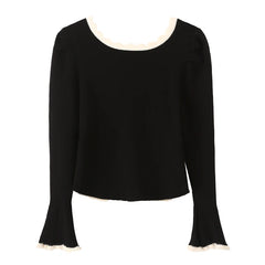 LIZAKOSHT  -  Woman Full Puff Sleeve Sweater Pearl Buttons Knitwear Jumper Autumn Beige Black Color Edged Line Knitted Cardigan