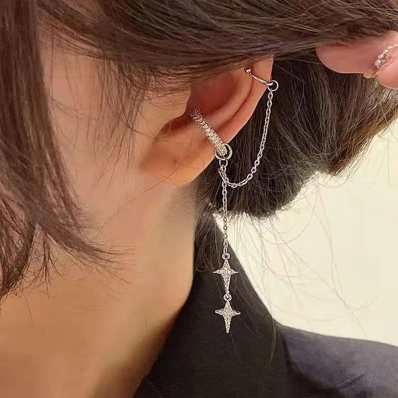 LIZAKOSHT Silver Color Crystal Tassel Non-Piercing Cuff Ear Clip Earring For Women Rhinestone Star Fake Cartilage Piercing Jewelry