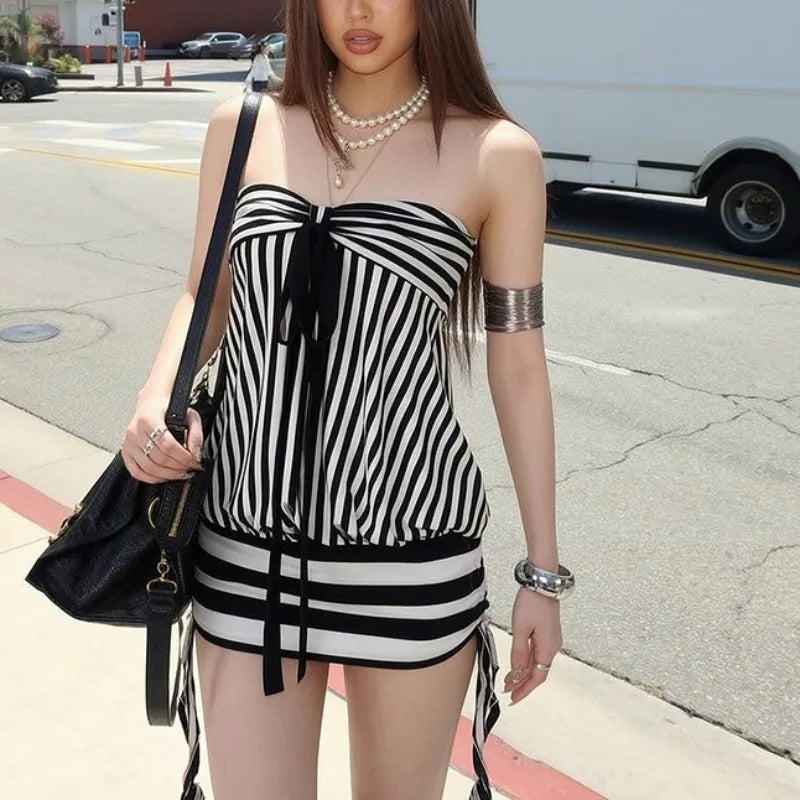 LIZAKOSHT  -  New Euramerican Fashion High Street Strapless Summer Dress Y2k Constrast Colorstriped Casual Streetwear Drawstring Bodycon Dress
