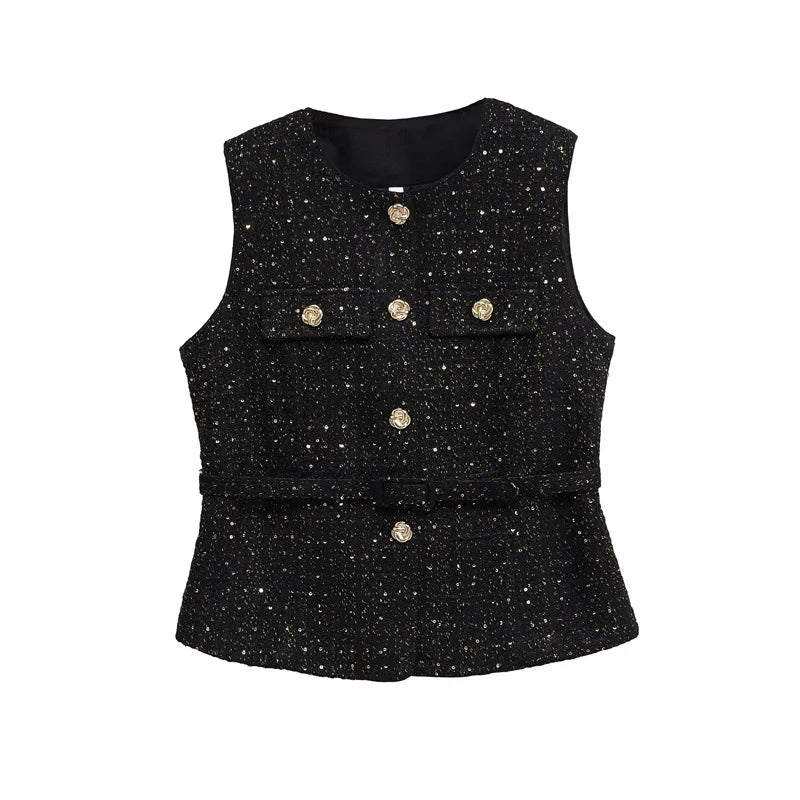 LIZAKOSHT  -  Autumn Belt Sleeveless Vest Shirt Women O Neck Patchwork Gold Button Cardigan Tops 2025 Street Elegant Casual Tank Top
