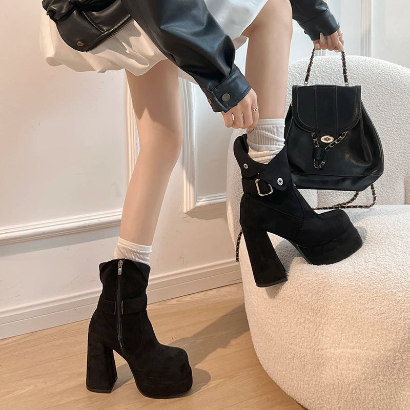 LIZAKOSHT  -  Autumn Winter Fashion High Heel Women Ankle Boots Belt Buckle Punk Shoes Ladies Short Botas Para Mujer