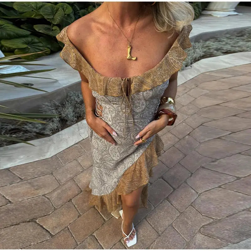 LIZAKOSHT  -  Printed Flounce Lace Up Long Halter Dress Woman Slim Sleeveless Patchwork Color Chic Robes Sexy Beach Vacation Women's Dresses