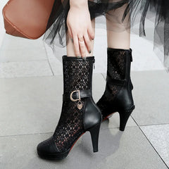 LIZAKOSHT  -  new summer women sandals plus size 22-28cm Microfiber+lace buckle women's shoes high heel fashion Sexy Mesh Boots