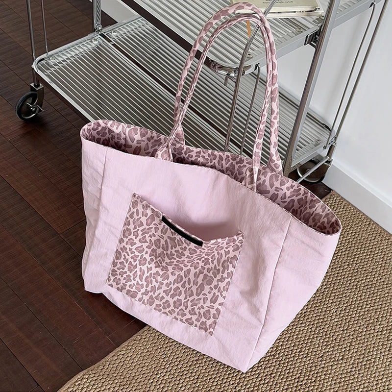 LIZAKOSHT  -  Women's Pink Leopard Print Shoulder Bag Large Capacity Casual Tote Simple Double Sided Use For Work Commuting