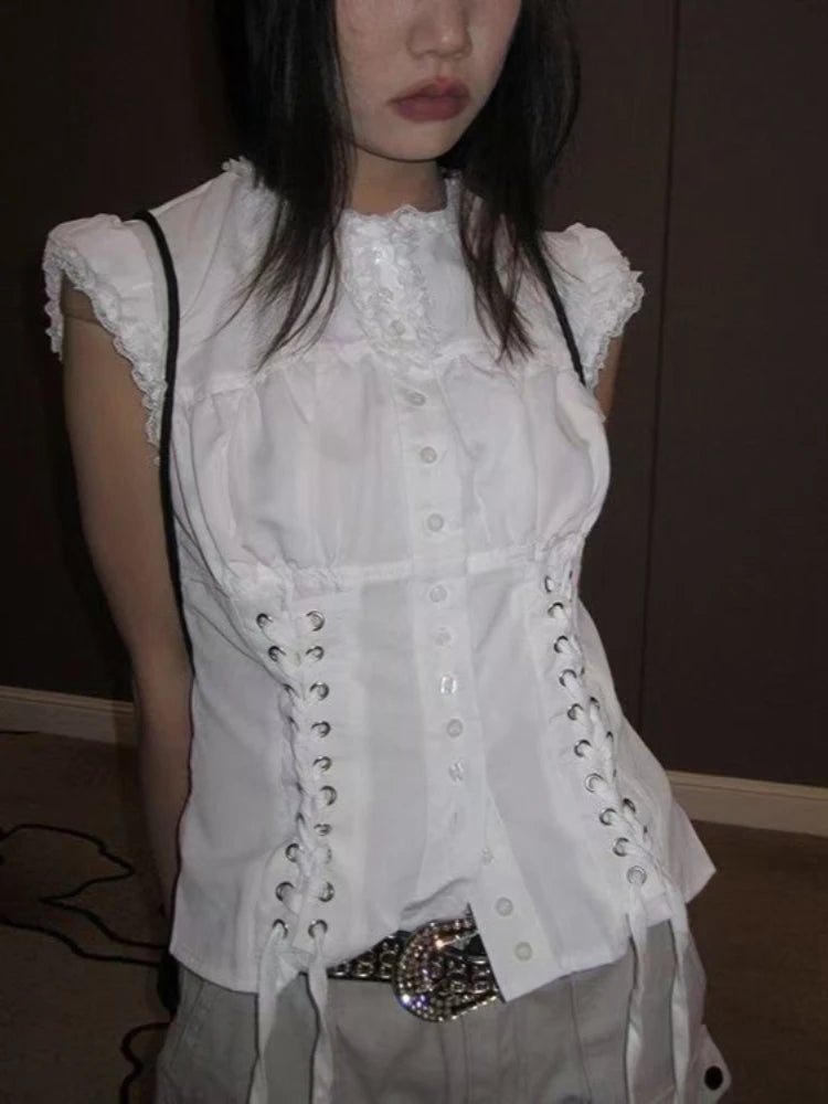 LIZAKOSHT  -  Casual Sweet White Slim Lace T-Shirts Designer Patchwork Hot Girl O-neck Sleeveless Tees Women Vintage Kawaii Fashion Shirt