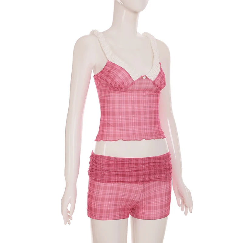 LIZAKOSHT  -  Two-Piece Set Plaid Print Y2K Sexy Camisole and Shorts Outfits for Women Clubwear 90s Fashion Korean Summer Suits
