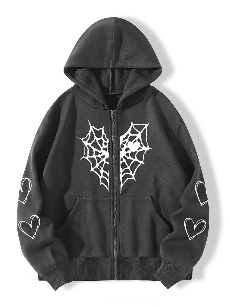 LIZAKOSHT  -  Thi Heartaped Printed Zipper Warm Hooded Cardigan Long Sve Mid-Length Polyester Women's Sweatirt Faion Autumn