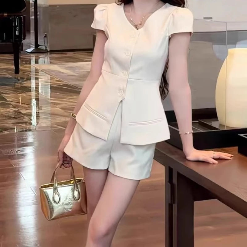 LIZAKOSHT  -  Summer Korean Elegant  Temperament Short Sleeve Solid Single Breasted  Top Shorts Two Piece Set Women