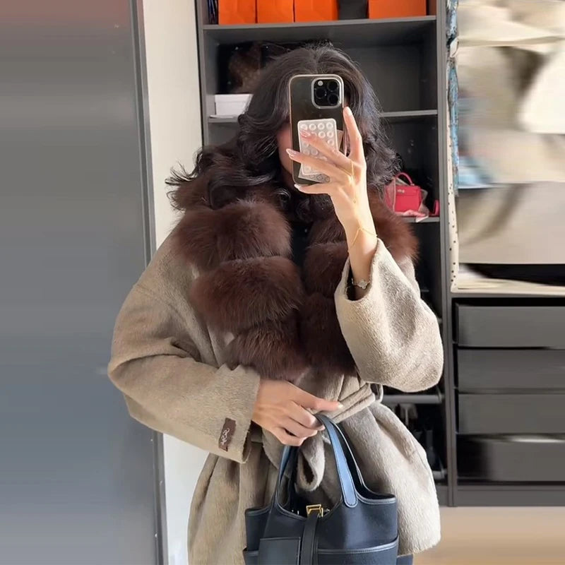 LIZAKOSHT  -  Patchwork Fur V-Neck Lace up Coat Woman Solid Color Long Sleeves Loose Warm Coats Luxury Chic Women's New Autumn Winter Jackets