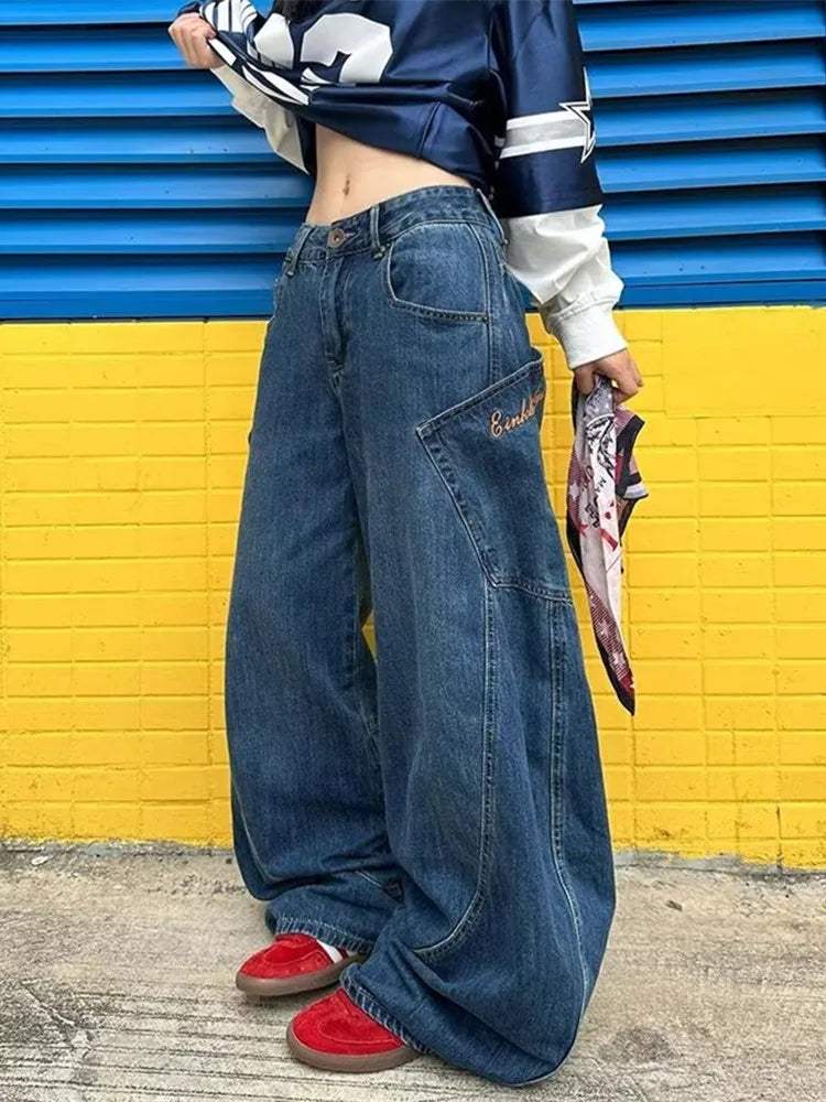LIZAKOSHT  -  Cyber Y2K Streetwear Blue Wide Leg Baggy Harem Jeans Pants For Women Designer Clothes Multi Pockets Straight Lady Trousers