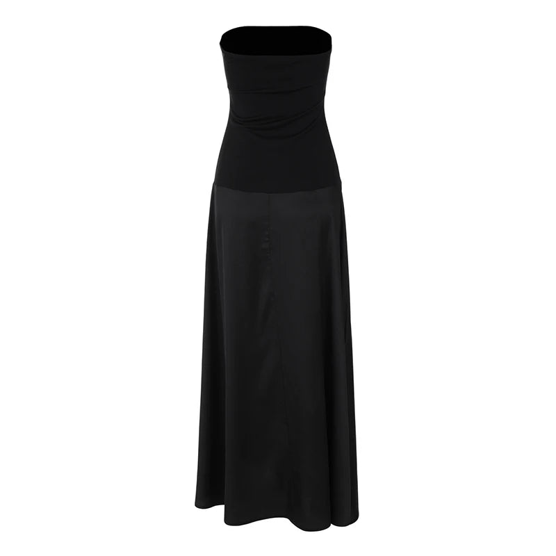 LIZAKOSHT  -  Strapless Patchwork A-line Long Dress Women Sleeveless Elastic Slim Fit Party Club Bodycon Elegant Simple Vestidos