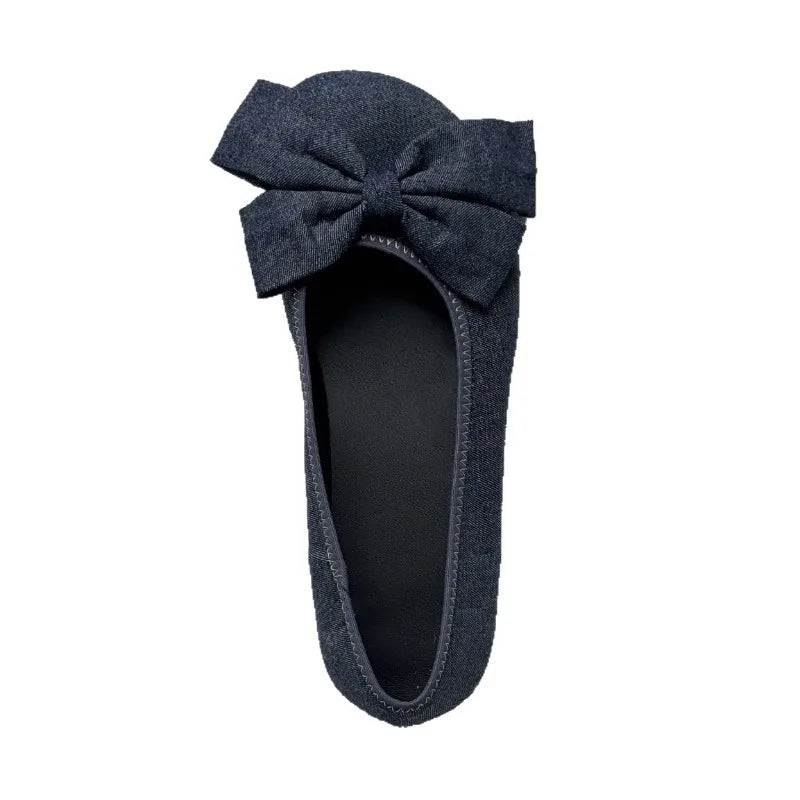 LIZAKOSHT  -   Women's Denim Bow Ballet Flats Round Toe Slip on Flat Shoes Casual Daily Korean Fashion Soft Sole Walking Shoes Zapatos De Mujer