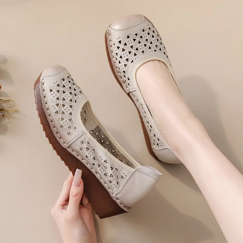 LIZAKOSHT  -  Women's Summer Real Leather Wedge Red Flats Cut out Loafers Vintage Breathable Slip-On Shoes Luxury Hollow Moccasin Female
﻿