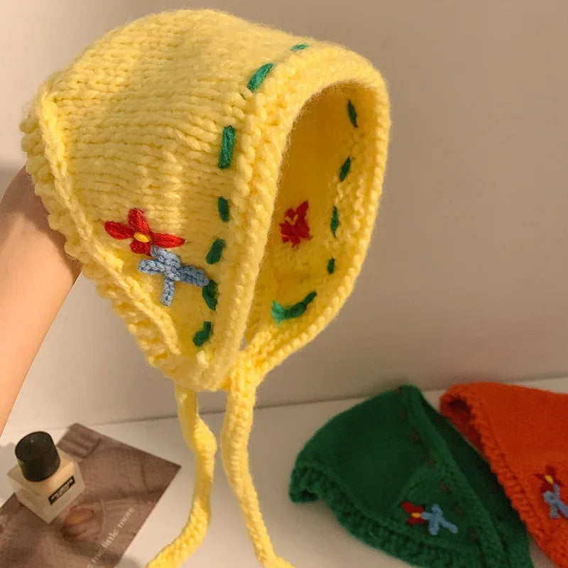 LIZAKOSHT -  Designer Vintage Handmade Wool Knitted Flower Cute Triangular Scarf Headband for Girls Lace Up Earmuffs Autumn and Winter Y2k