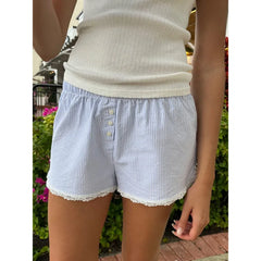 LIZAKOSHT  -  Y2k Lace Bowknot Blue Shorts Stripes Patchwork Buttons Decor Short Pants Casual Elastic Waist Shorts Loose Sleep Short For Women