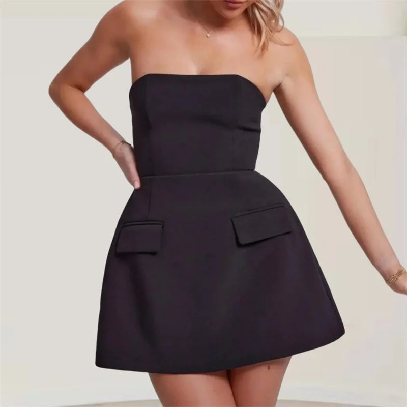 LIZAKOSHT  -  Tube Top Dresses for Women Sexy Solid Color Off Shoulder Strapless Sleeveless A Line Dress with 2 Pockets Party Dresses