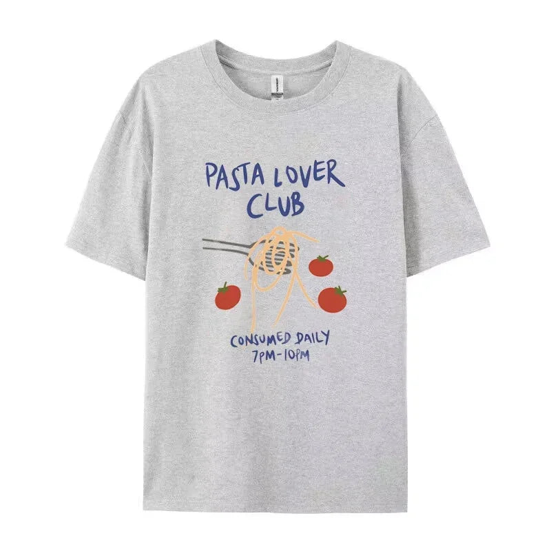 LIZAKOSHT  -  Women Pasta Lover Club Graphic T-Shirt Retro Fruit Print Tee Short Sleeve Fashion Top Oversized Harajuku Y2k Streetwear T-Shirts