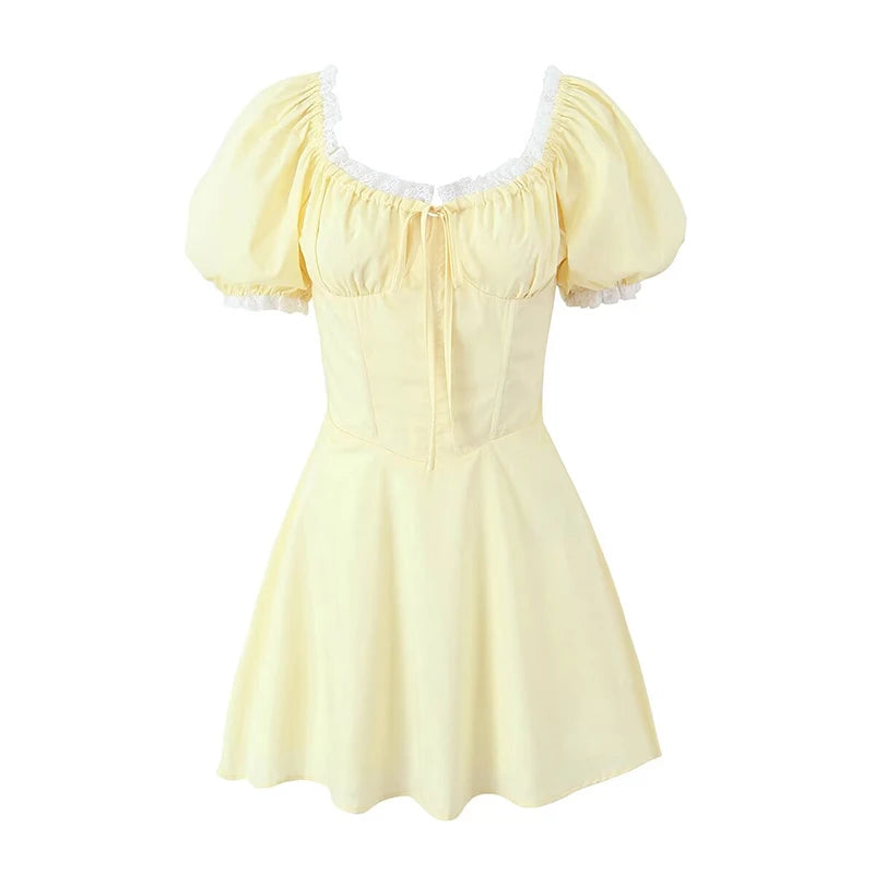 LIZAKOSHT  -  Sweet Women Lace Trim Yellow Dress Vintage Puff Sleeve Ladies A-line Mini Summer Dresses Lacing Up Robe