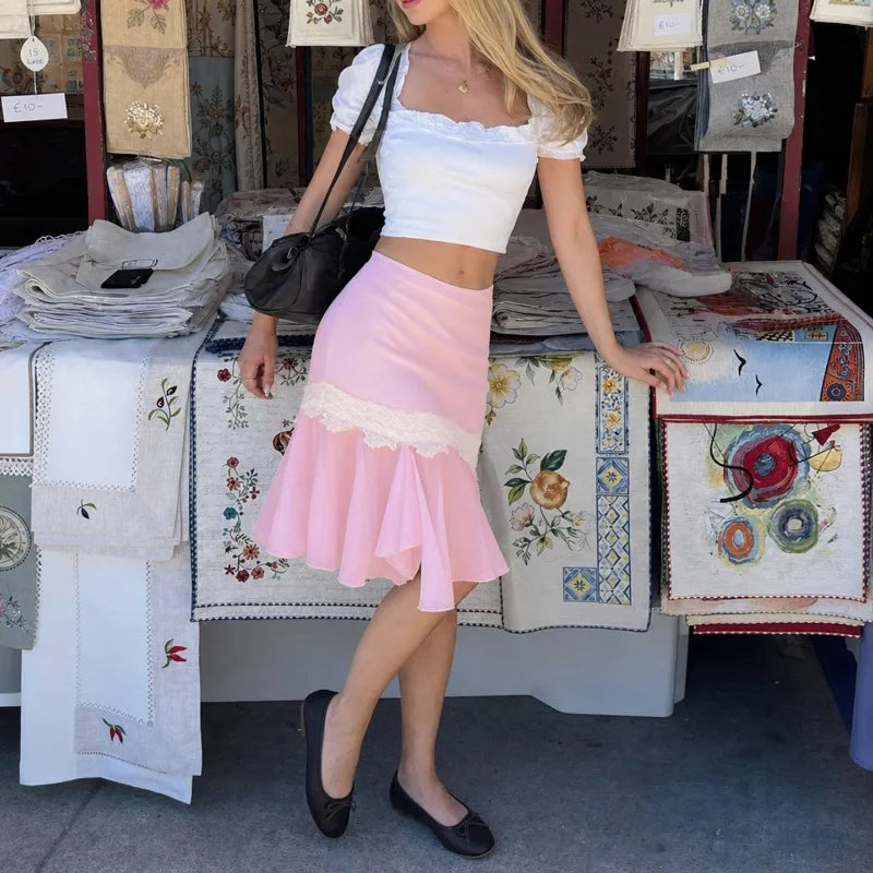 LIZAKOSHT  -  Vintage Sweet Women Summer Lrregular Design Skirt Y2k Aesthetic Spliced Lace Pleated Jupe Casual Vacation Style Streetwear Skirt