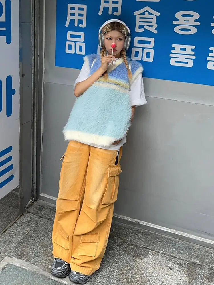 LIZAKOSHT  -  American Mint Style Contrasting Color V-neck Knitted Vest for Women Autumn and Winter New Mink Fur Loose Sleeveless Sweater