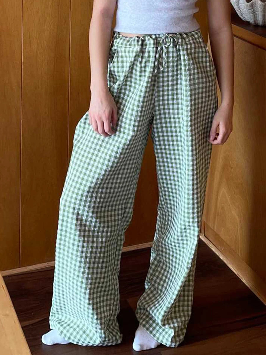 LIZAKOSHT  -  Y2K Vintage Women Girls Striped Plaid Pants Wide Leg Gingham Lounge Pants High Waist Striped Print Pajama Trousers Pants