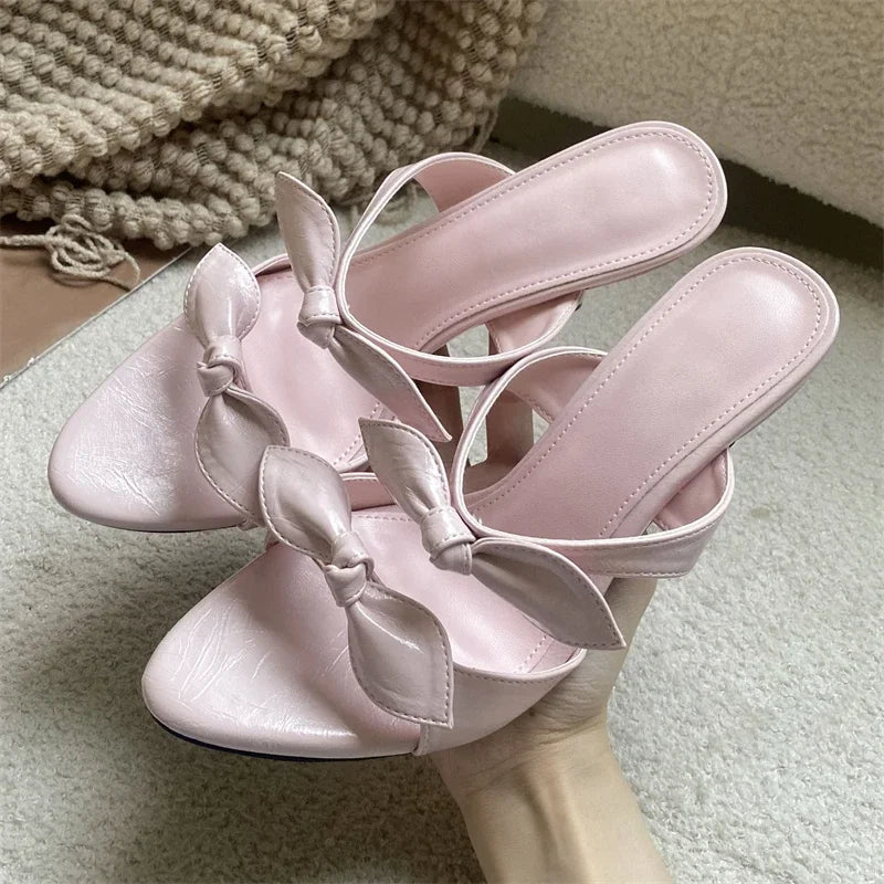 LIZAKOSHT  -  Fashion Women Pink Bow Knot High Heel Mules Open Toe Patent Leather Slip On Sandals Thin Heel Summer Party Dress Shoes
