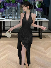 LIZAKOSHT  -  Dresses Women Elegant Sleeveless Lace Patchwork Irregular Slim Halter Backless Sexy Party Dress Sweet Clubwear Female