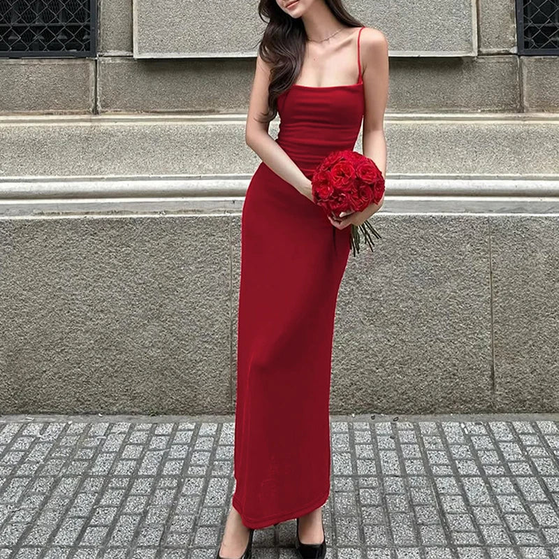 LIZAKOSHT  -  Base Style Casual Sexy Cross Sling Open Back Sleeveless Bodycon Solid Color Long Dress Dating Party Summer Outfit For Women