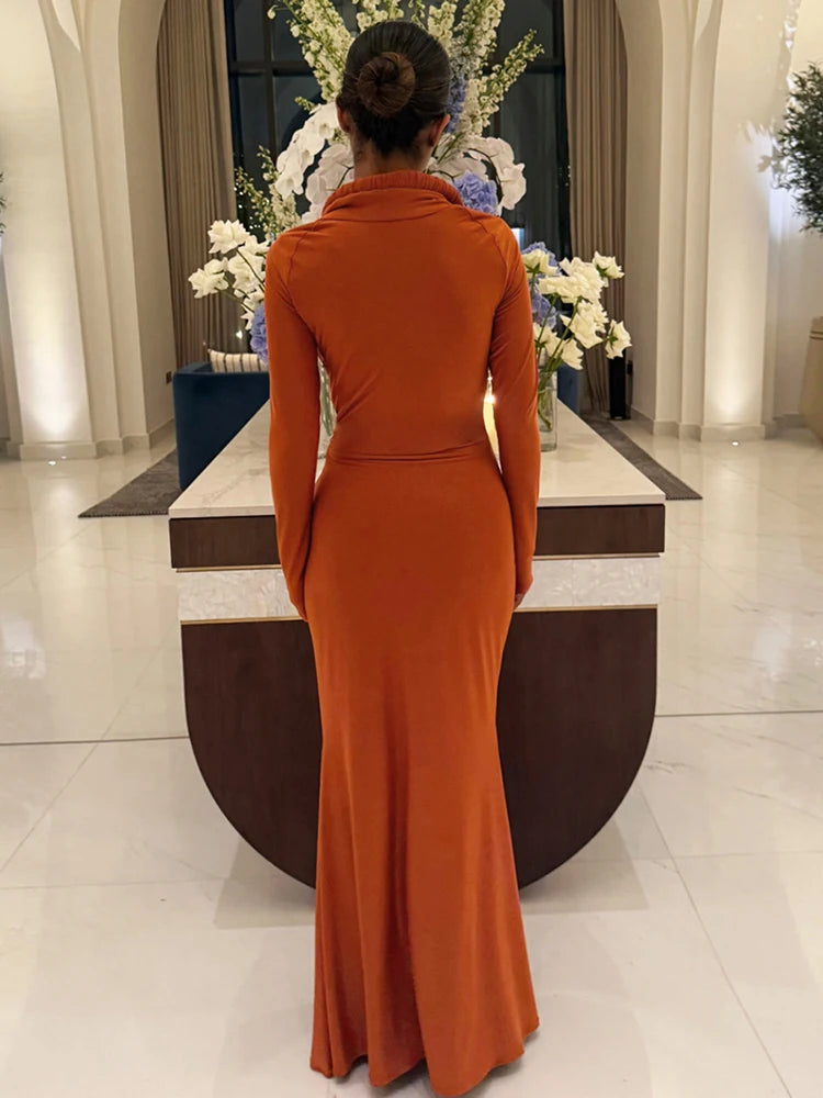LIZAKOSHT  -  Hipster Swing Collar Long Dress Woman Full Sleeve Prom Party Casual Elegant Skinny High Stretch Midnight Ruched Vestidos