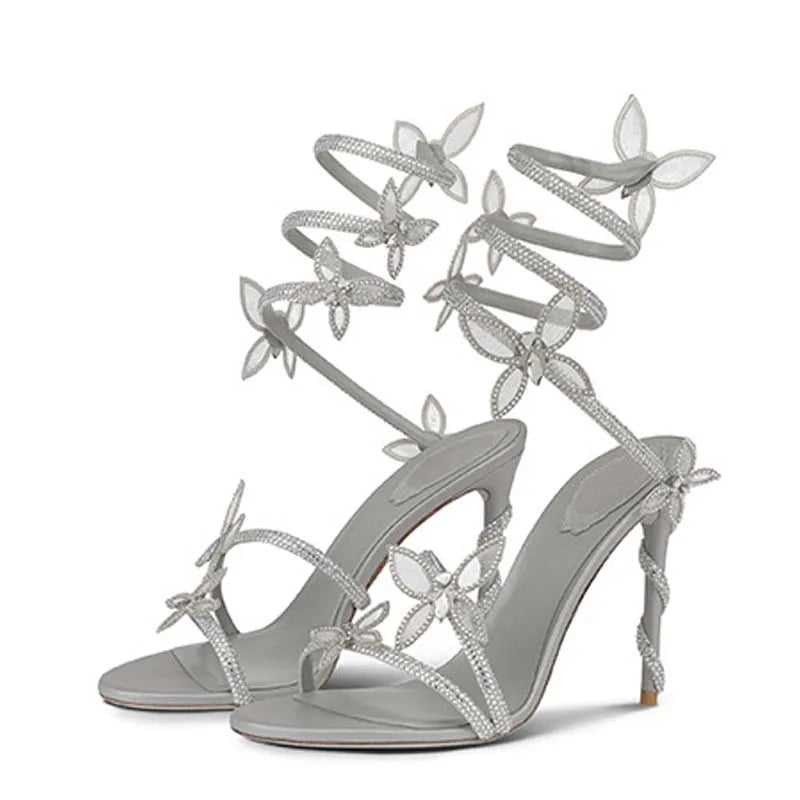 LIZAKOSHT  -  Sexy CRYSTAL Flower Thin High Heels Women Sandals Street Style Narrow Band Ankle Strap Pole Dancing Ladies Shoes