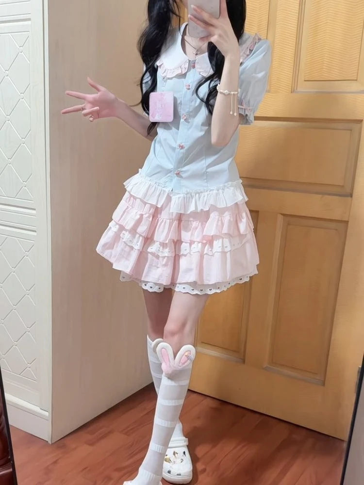 LIZAKOSHT  -  Y2k Harajuku Vintage Sweet Slim 2 Piece Skirt Sets Kawaii Short Sleeve Blouse + Patchwork Cake Mini Skirts 2000s Lolita Suits