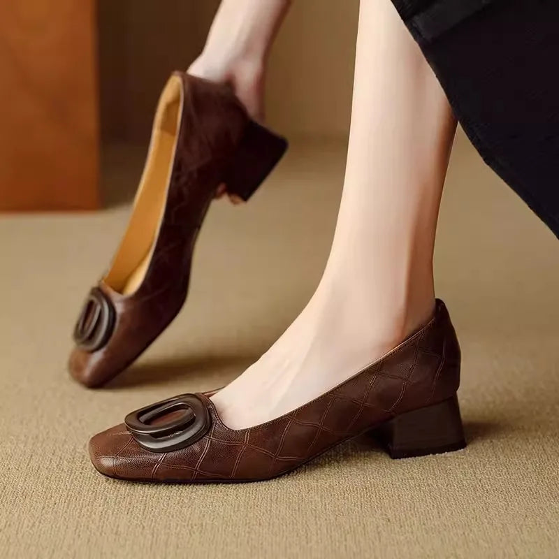LIZAKOSHT  -  Soft Leather Comfortable Women's Single oes Spring Autumn Sle Square Head No Fatigue Thi Heel Match Skirt oes Casual