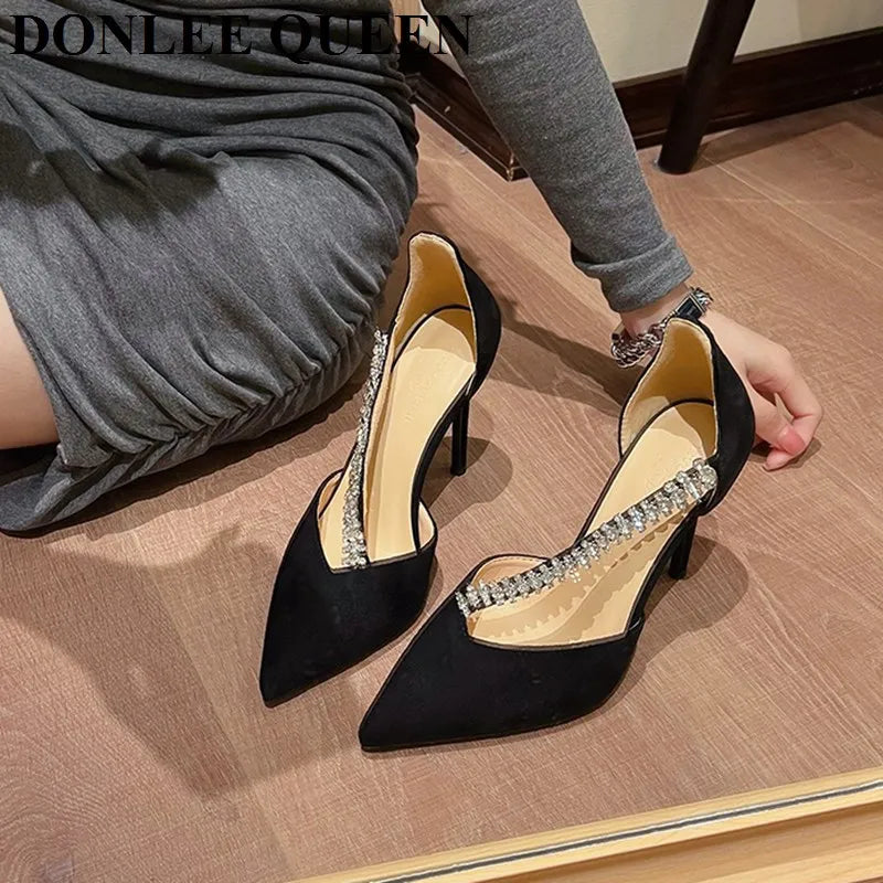 LIZAKOSHT  -  New Fashion Brand Crystal Embellished High Heels Shoes Women Pointed Toe Dress Rhinestone Wedding Party Pumps Black Suede Sandal