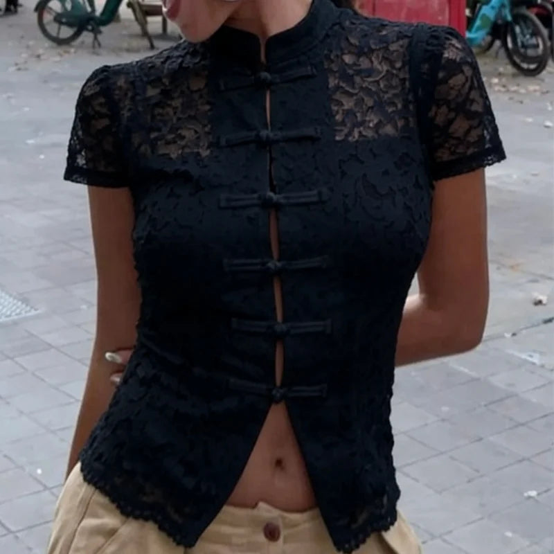 LIZAKOSHT  -  Y2k Lace Hollow Out Shirts Cardigan Women's Short Sleeve See-Through Patchwork Commute Top Female Summer Lace Blouses